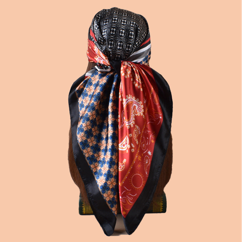2025 new 90-satin combination pattern versatile printed square scarf with sunscreen, bag head silk scarf decoration, scarf
