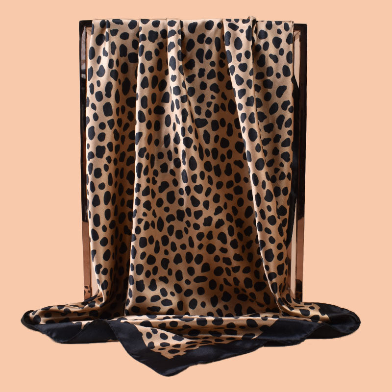 2025 new 90cm-satin classic leopard print square scarf with sunscreen, head silk scarf decorative scarf