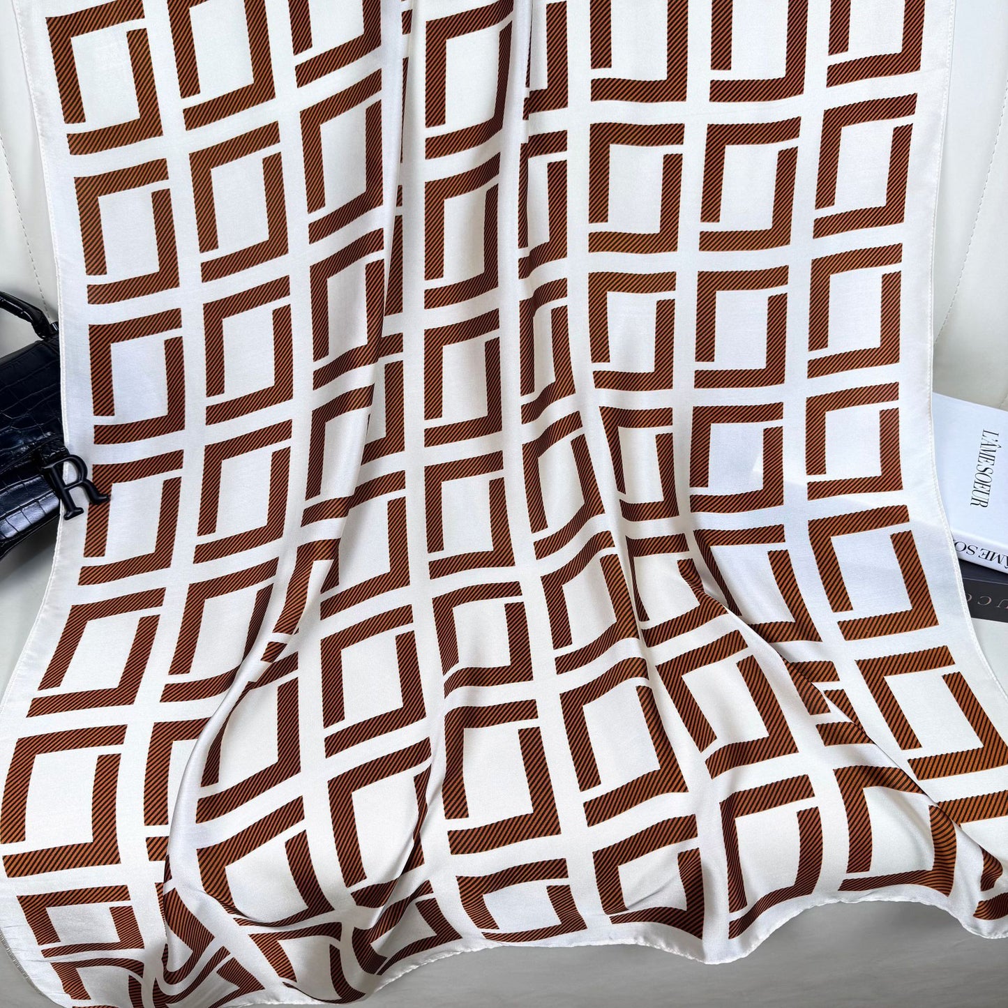 Simple classic black and white square simulation silk long silk scarf, Korean version of fashionable and versatile outer shawl, women's scarf headscarf