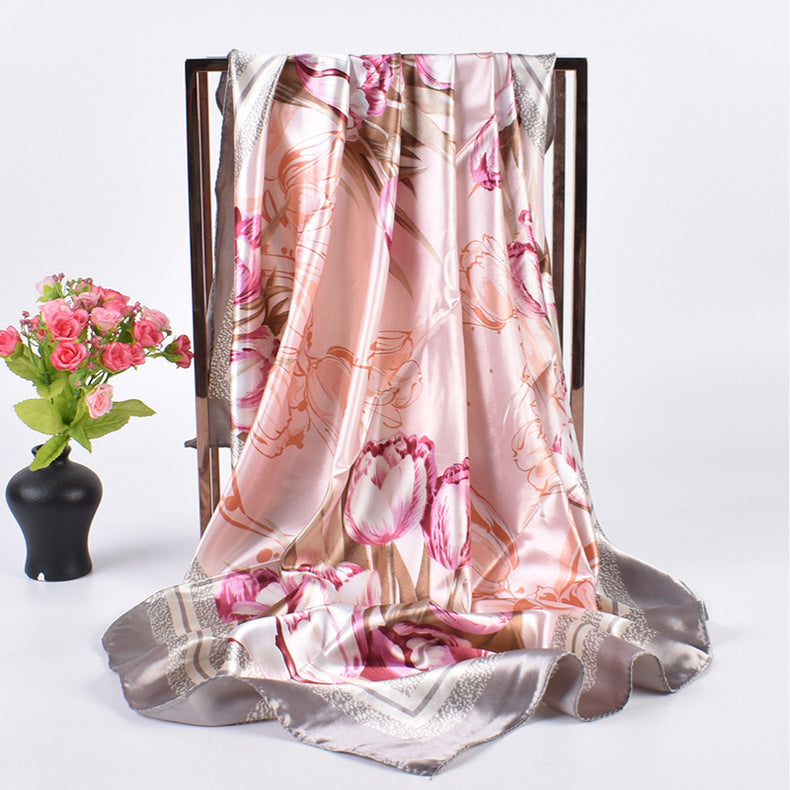 Summer new fashion versatile tulip bouquet print 90-color square scarf silk scarf headscarf