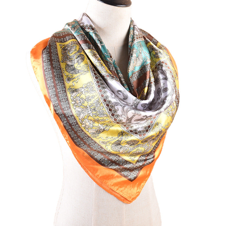 Autumn and winter new scarf literary and retro printing light luxury silk scarf 90 satin high-end square scarf batch
