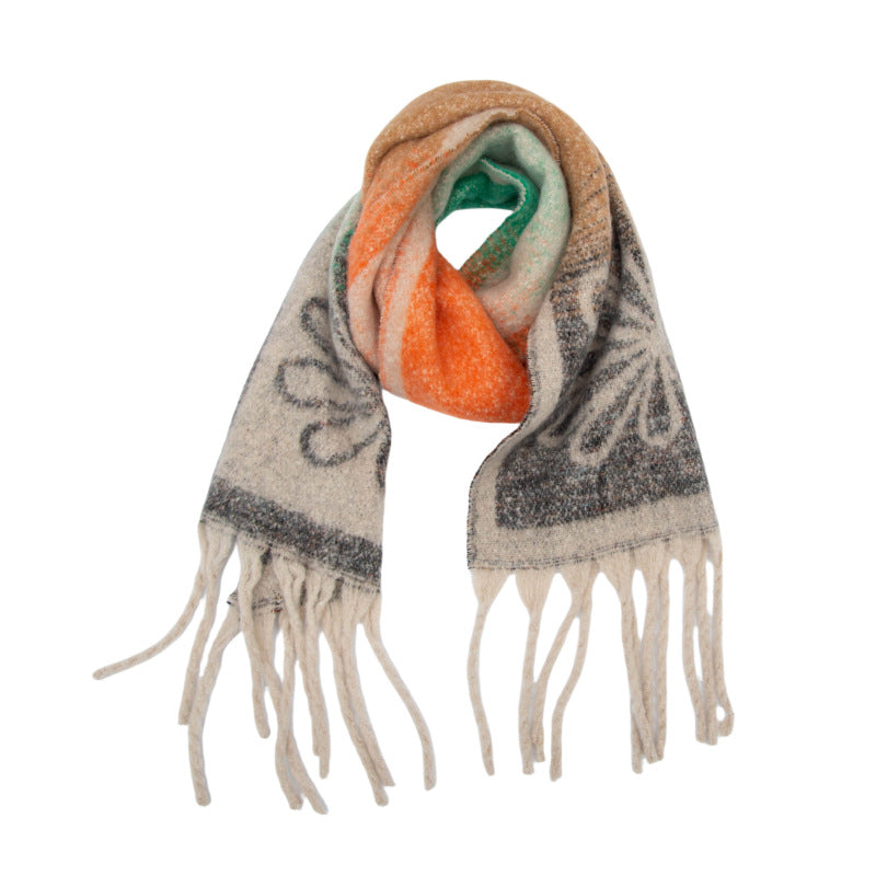 European, American autumn and winter new loop yarn imitation mohair jacquard small flower scarf