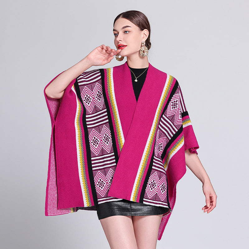 Europe, America, autumn and winter new ethnic style travel fashion knitted jacquard split shawl cape cape coat women