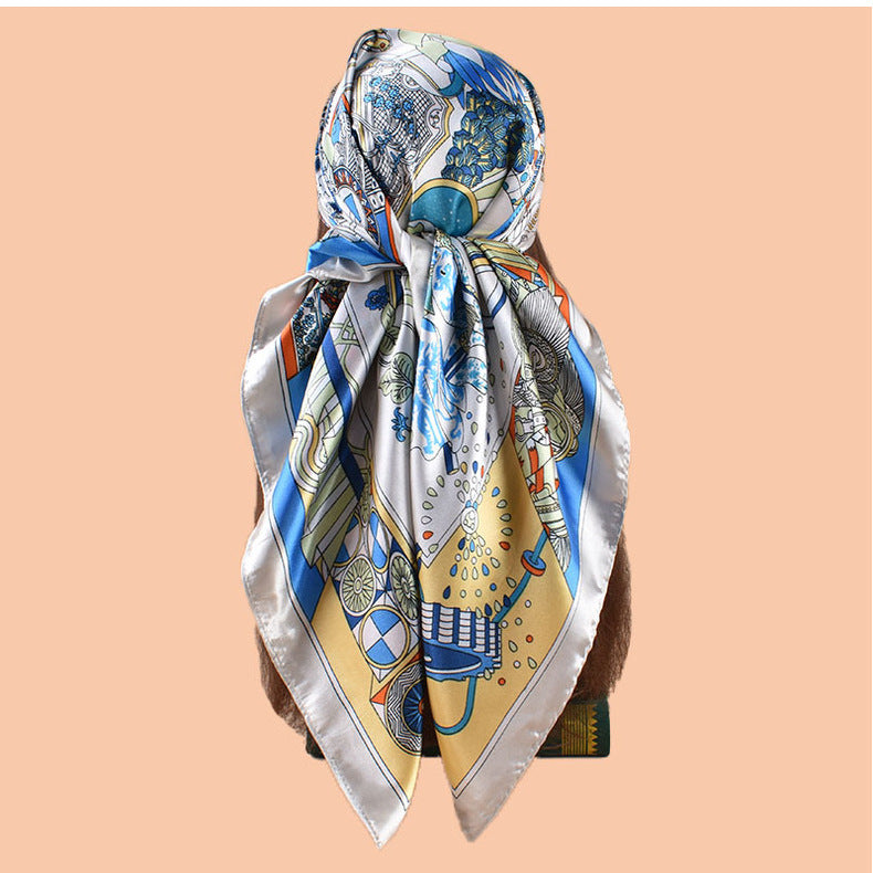 2025 new 90cm-satin geometric retro printed square scarf with sunscreen bag head silk scarf decorative scarf