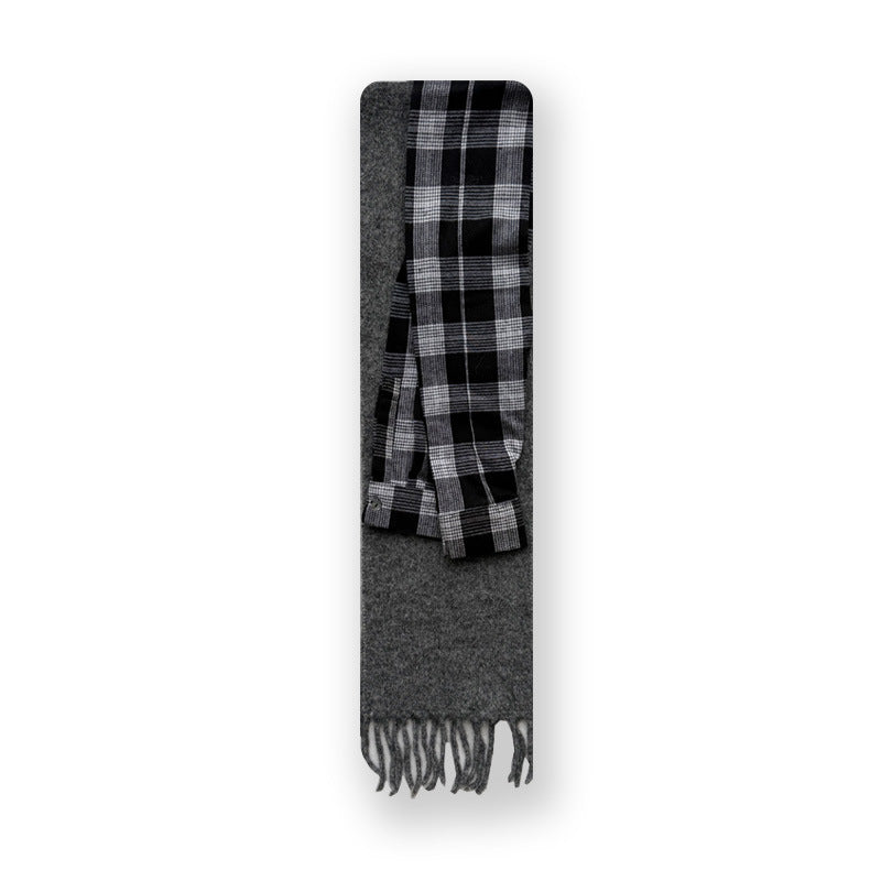 Plaid shirt sleeves splicing deconstruction fun wool blend fringed scarf women's winter wool scarf