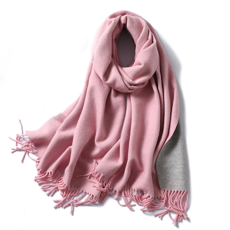Simple solid color imitation cashmere scarf men's and women's winter thickened warm double-sided two-color versatile fringed shawl core-spun yarn