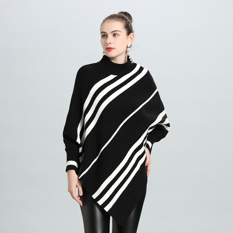 Autumn and winter new irregular striped semi-turtleneck bat sleeve pullover knitted sweater cape women 0950 #