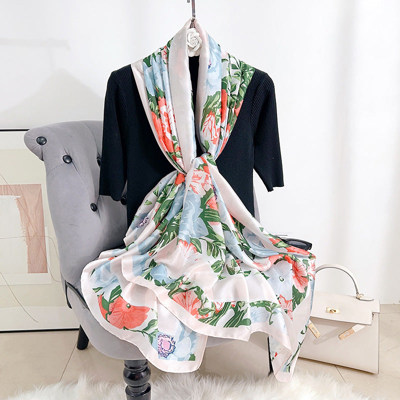 INS style Japan and Korea plant flower print scarf Mother's Day gift light luxury style retro temperament long scarf