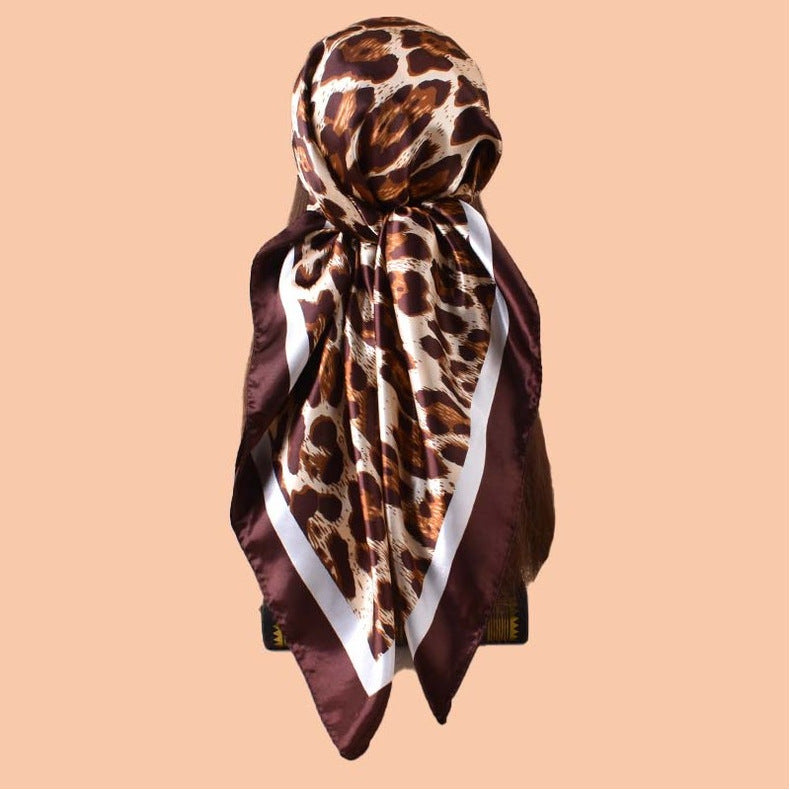 2025 new 90-satin fashion leopard print versatile printed square scarf with sunscreen, bag head silk scarf decoration, scarf
