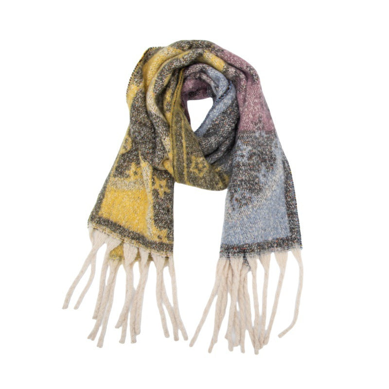 2025 new European and American autumn and winter circle yarn jacquard five-leaf flower fringed scarf