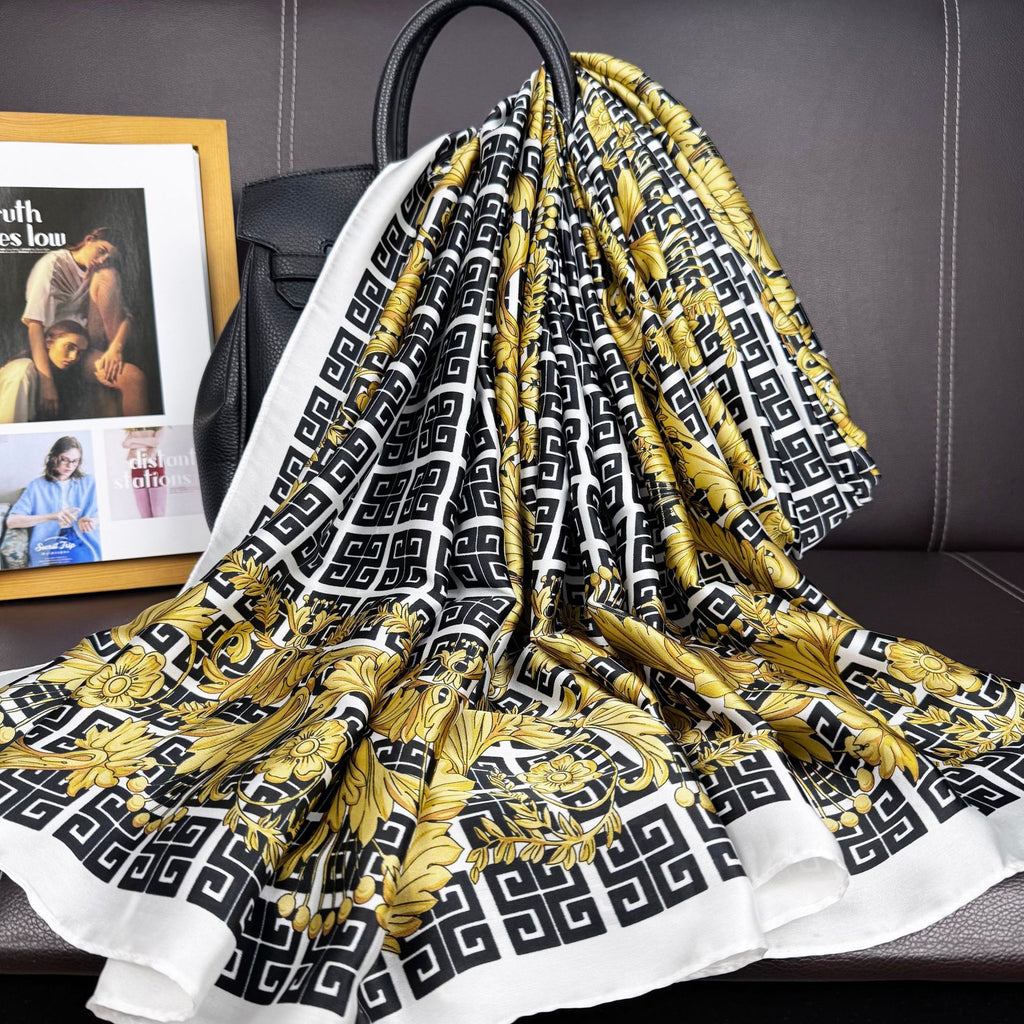 Elegant national four palaces totem simulation silk long silk scarf, spring, summer and autumn travel and vacation women's outer shawl