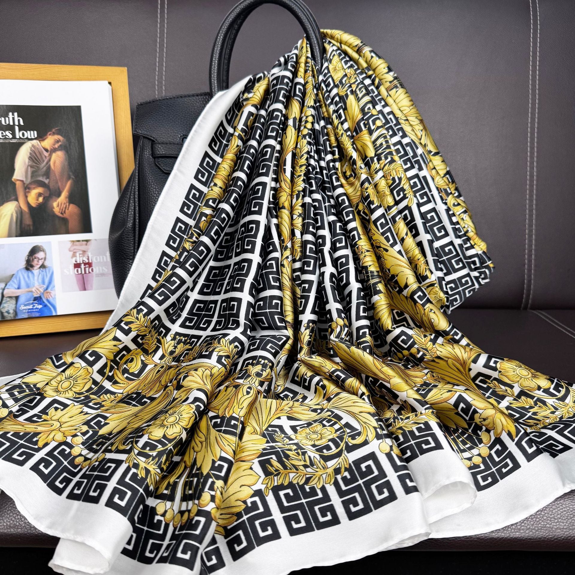 Elegant national four palaces totem simulation silk long silk scarf, spring, summer and autumn travel and vacation women's outer shawl