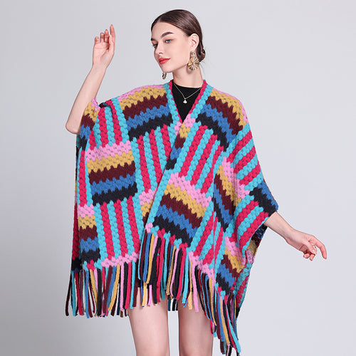 Autumn and winter new colored shawl with ethnic style travel temperament fringed shawl cape cape scarf coat women