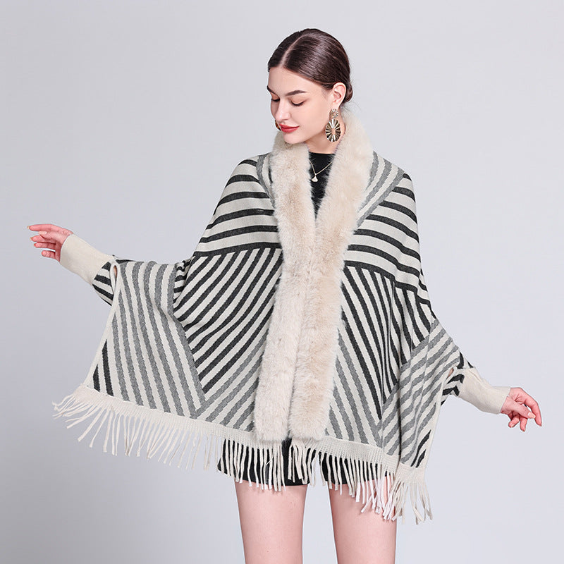 European and American autumn and winter new fashion striped fringed knitted shawl cape versatile cape outer scarf shawl 1233