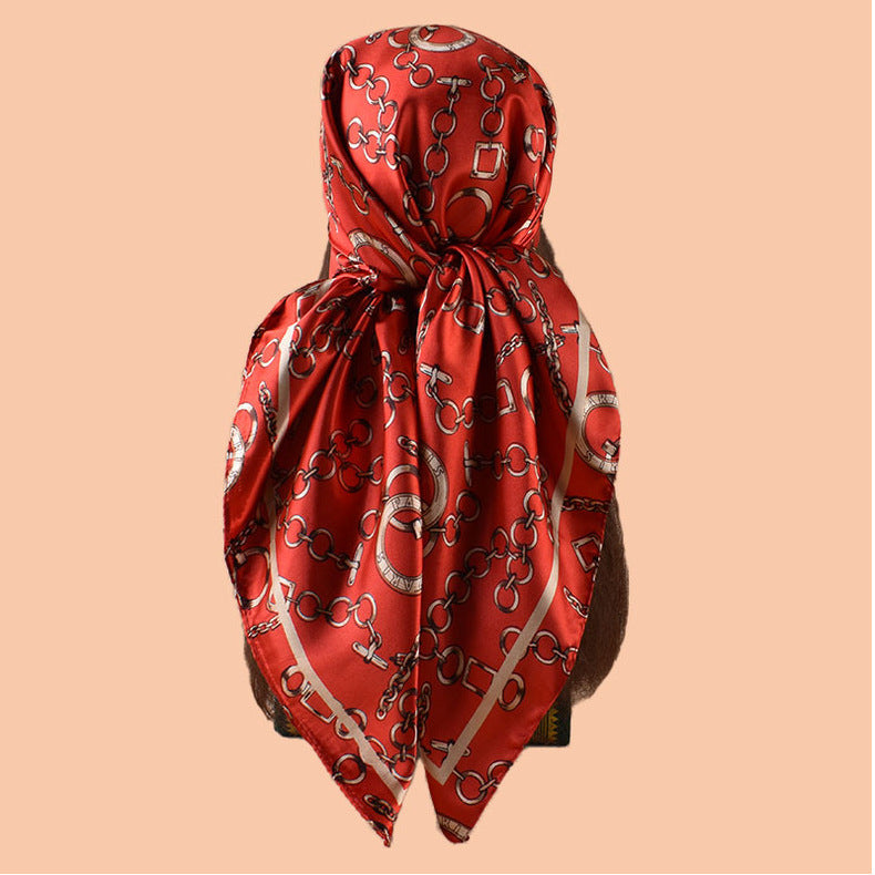 New 90-satin retro round chain printed square scarf with sunscreen bag head silk scarf decorative scarf