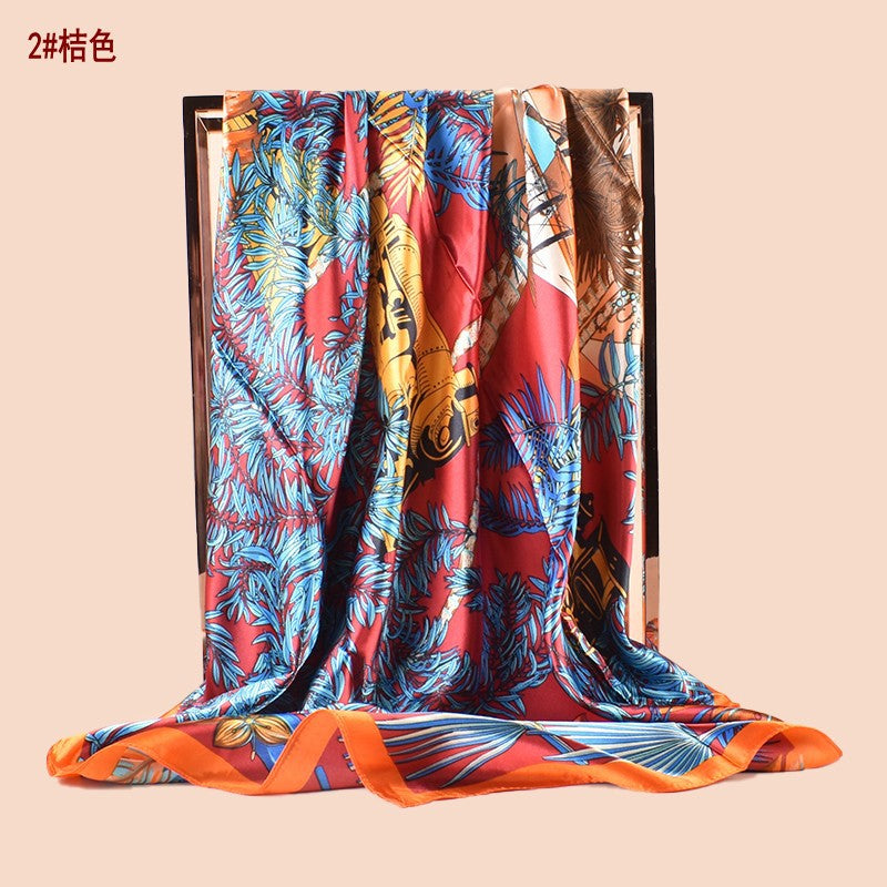 Spring and summer scarf fashionable versatile pastoral plant printing decorative headscarf silk scarf 90cm high-quality satin square scarf