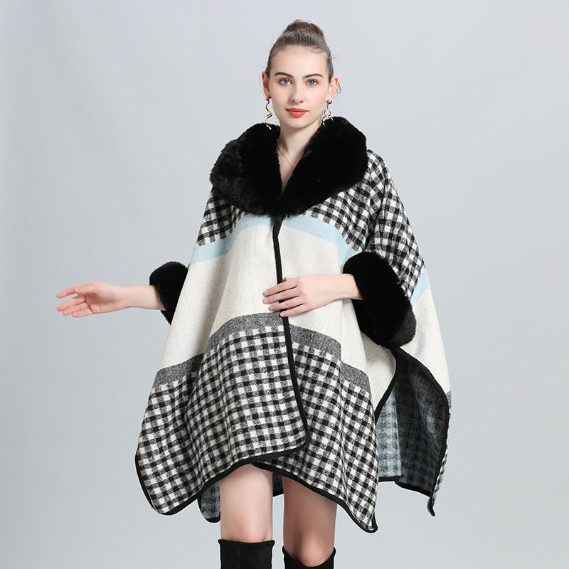 Autumn and winter new cape large size loose imitation fur collar jacquard knitted cardigan cape shawl woolen coat 0965 #