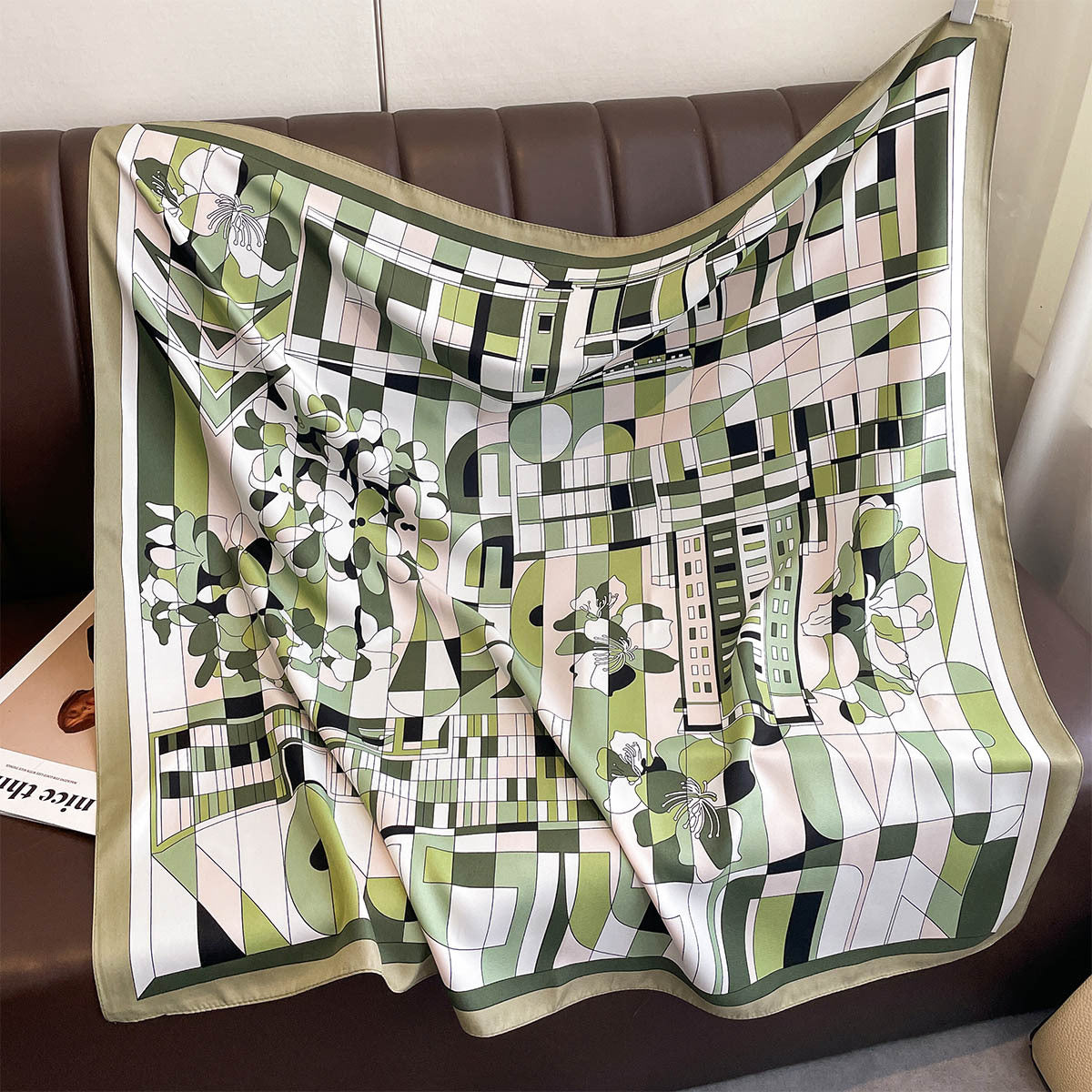 New geometric flower 90 twill large square scarf fashion printing imitation silk windproof shawl headscarf women