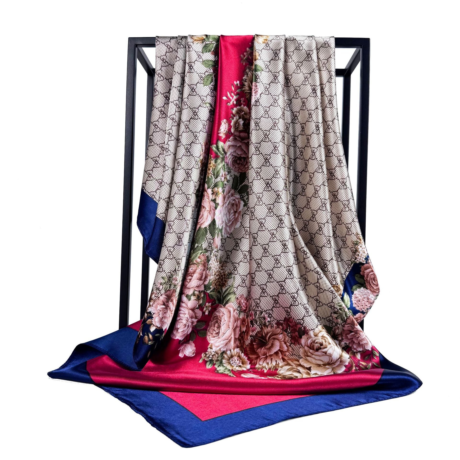 Temperament simple and elegant bow flower print silk scarf 90cm square scarf, Indonesian national bag head scarf scarf scarf