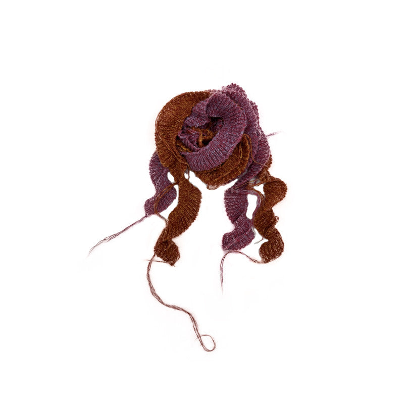 Spiral-woven hand-hung beard lotus leaf edge two-color splicing knitted small scarf women's autumn and winter wool decorative scarf