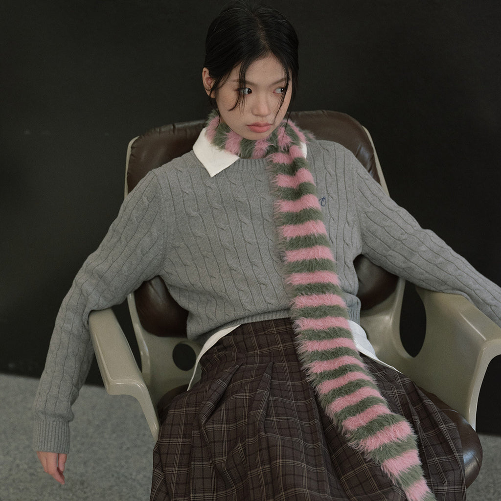 Long-haired imitation mink niche millennial retro striped knitted scarf women's winter decoration soft wool scarf