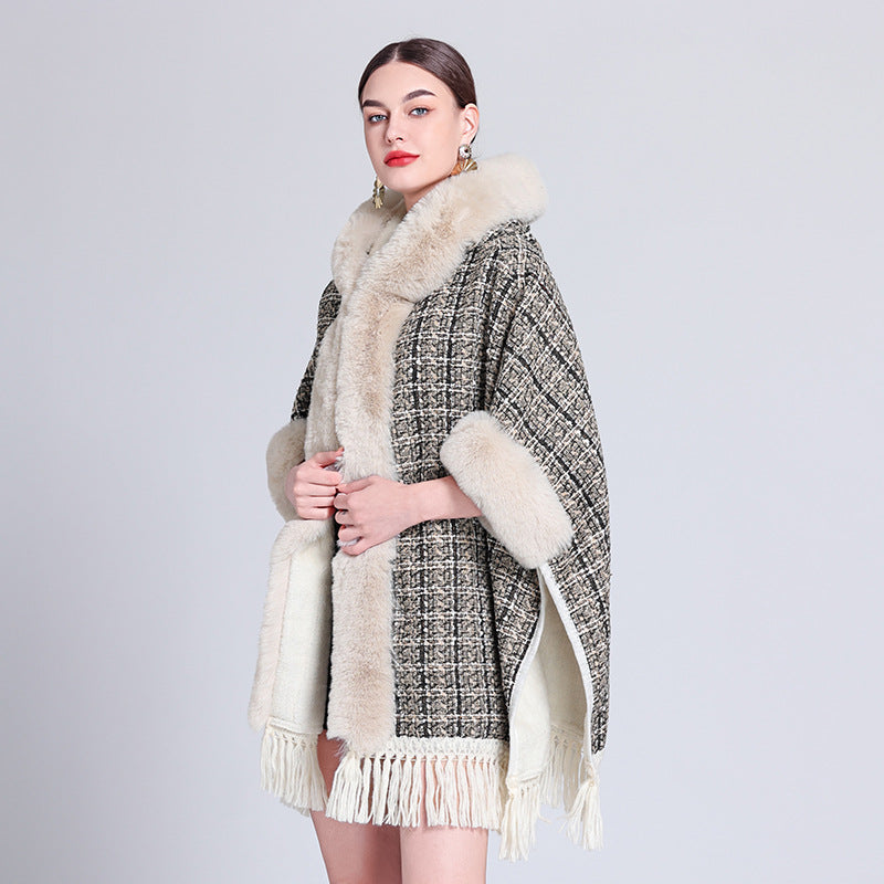 Europe, America, autumn and winter new woolen coat women's fashion fur collar hooded fringed cape shawl with cape small fragrance
