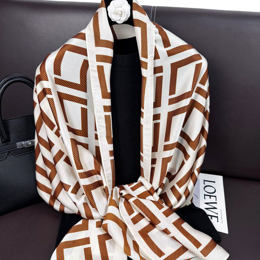 Simple classic black and white square simulation silk long silk scarf, Korean version of fashionable and versatile outer shawl, women's scarf headscarf