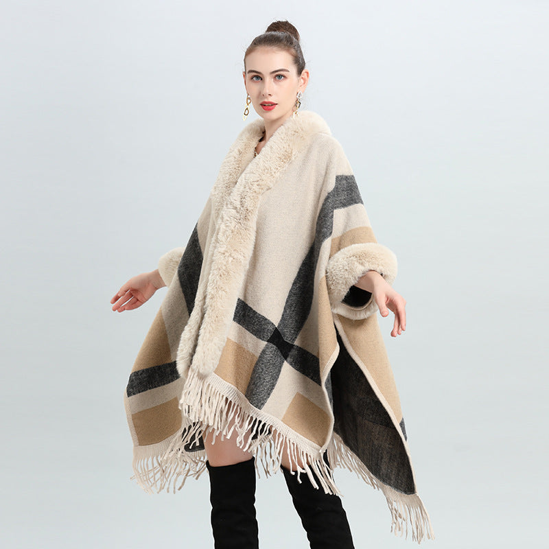 European and American autumn and winter new imitation Rex rabbit fur collar fashion striped loose fringed knitted cardigan shawl cape 0913 #