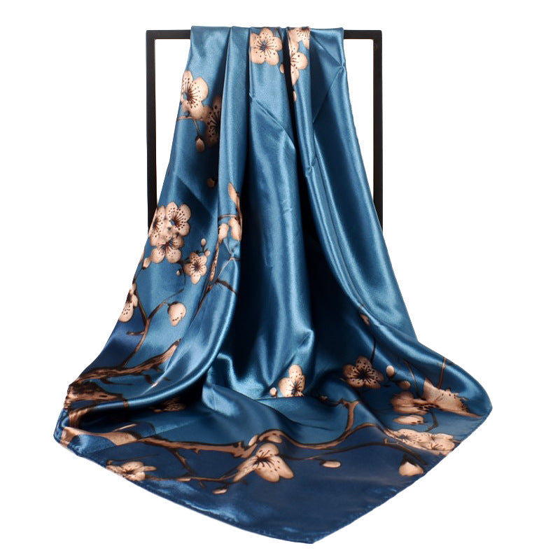 New sweet and fashionable plum blossom flower satin 90cm large square scarf women's silk scarf scarf