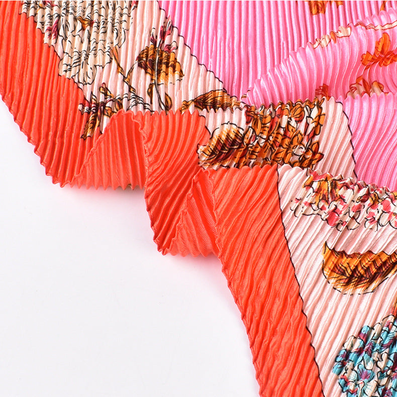 Summer new fashion retro flower pleated 90 satin large square scarf silk scarf imitation silk scarf