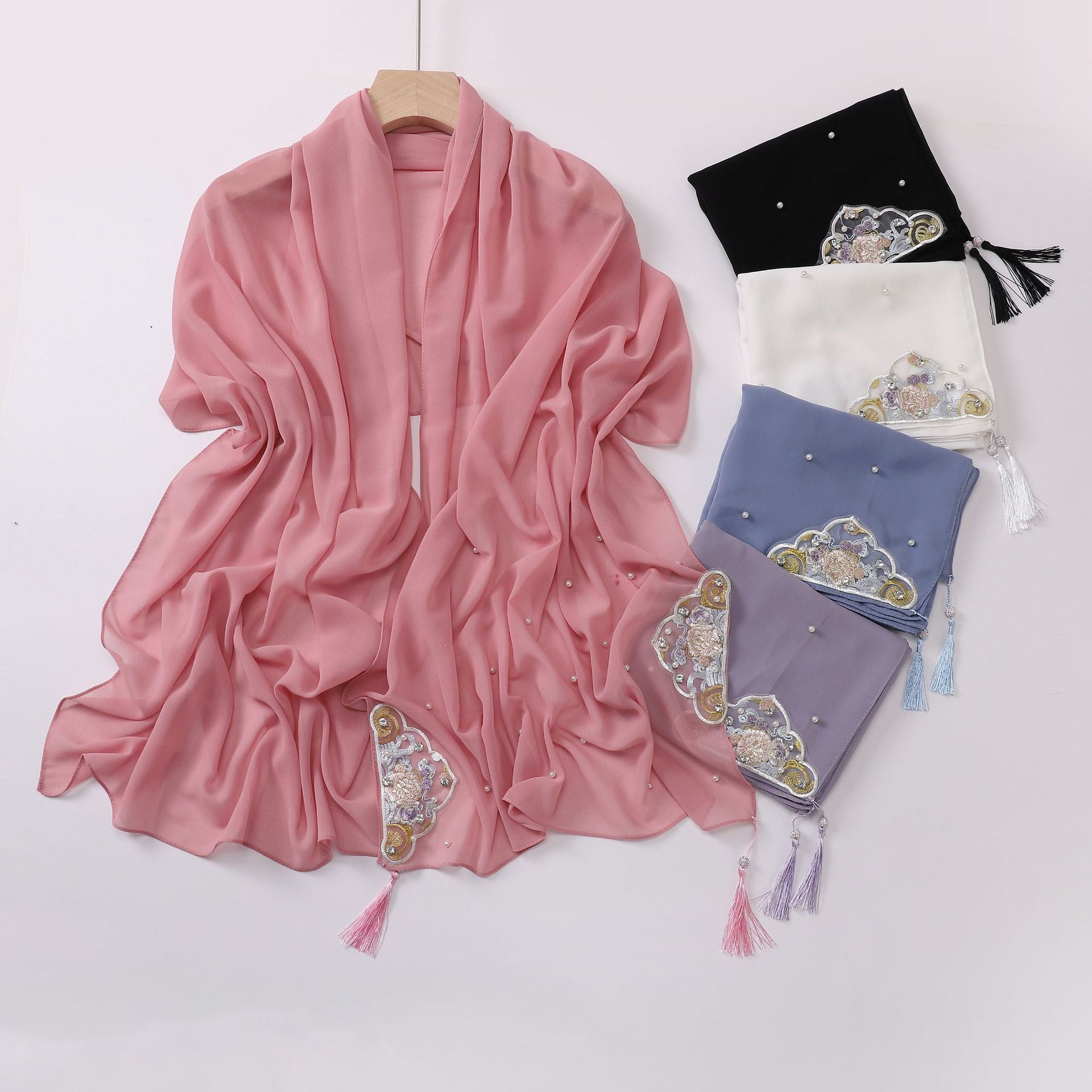 New pearl chiffon embroidered scarf diamond Tassel Shawls Middle East and Africa headscarf