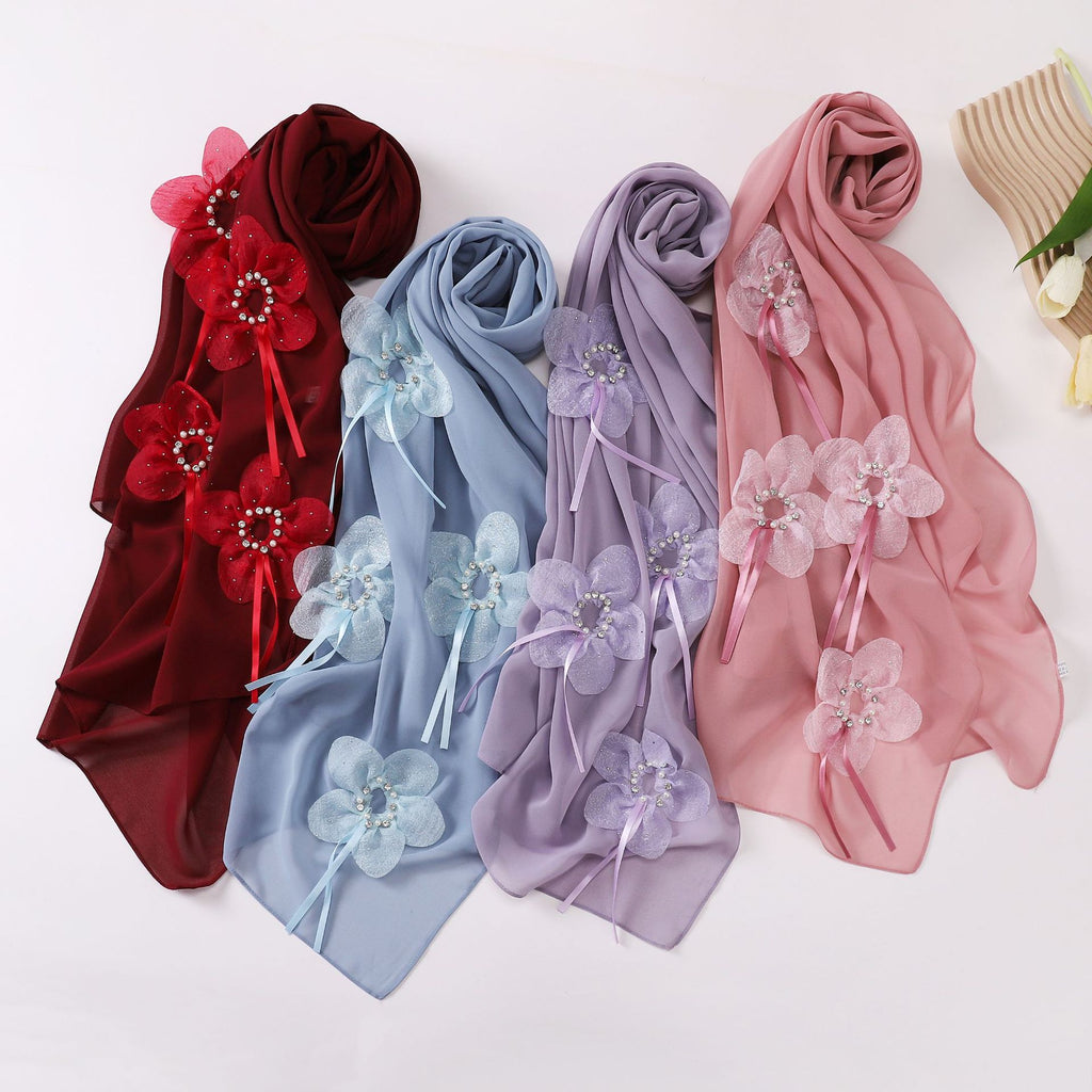 New Pearl Chiffon Handmade Sticky Flower Bead Nailed Drill Long Towel Yarn Middle East Malay Headscarf