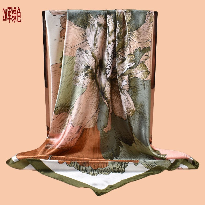 New 90-satin peony flower blooming rich printing square scarf with sunscreen bag head silk scarf decorative scarf