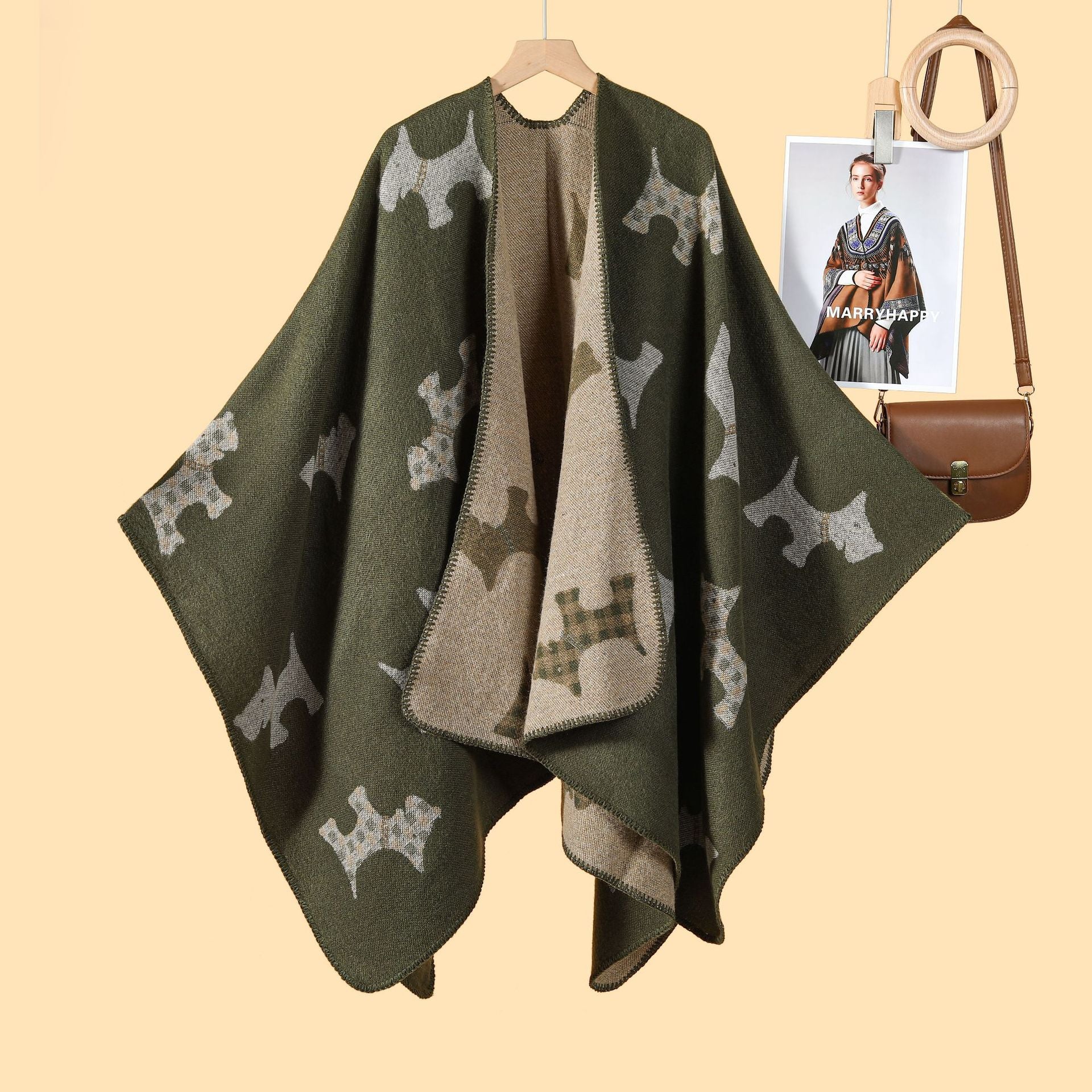 Women's simple cartoon picture split shawl autumn and winter thickened warm jacquard cloak cardigan hot new