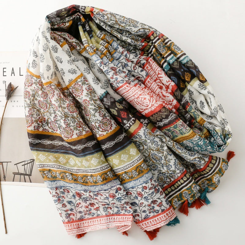 Cotton and linen feel scarf small fresh resort style geometric bohemian fringed silk scarf shawl