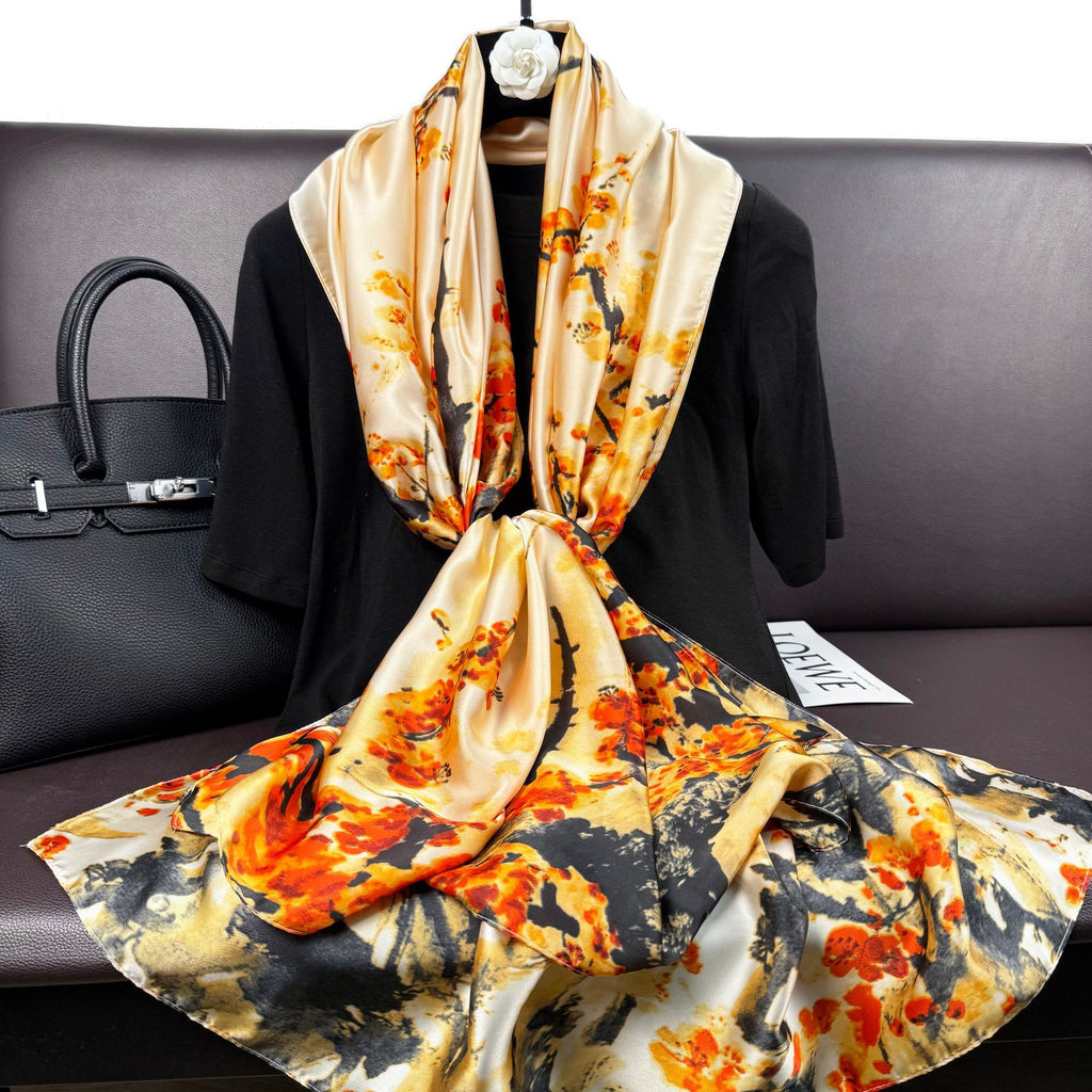 Literature, retro, ethnic style, plants, flowers, long silk scarves, simple and elegant temperament, women's mothers, shawls, scarves, gifts