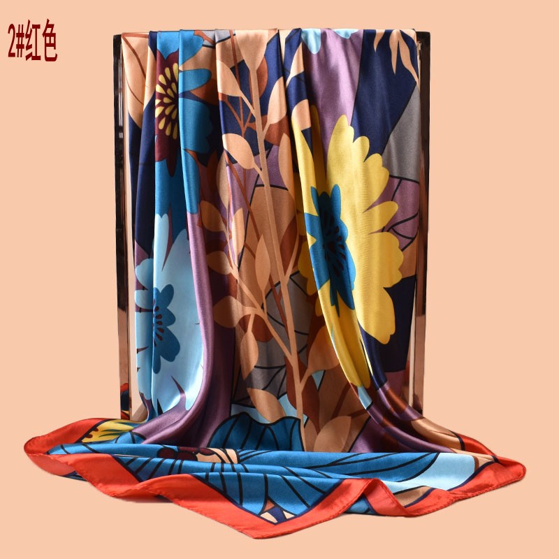 2025 new 90cm-satin cartoon large flower printing square scarf with sunscreen bag head silk scarf decorative scarf
