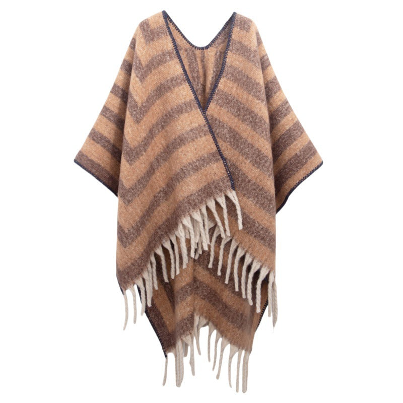 2025 new European and American autumn and winter circle yarn imitation mohair thickened jacquard striped shawl