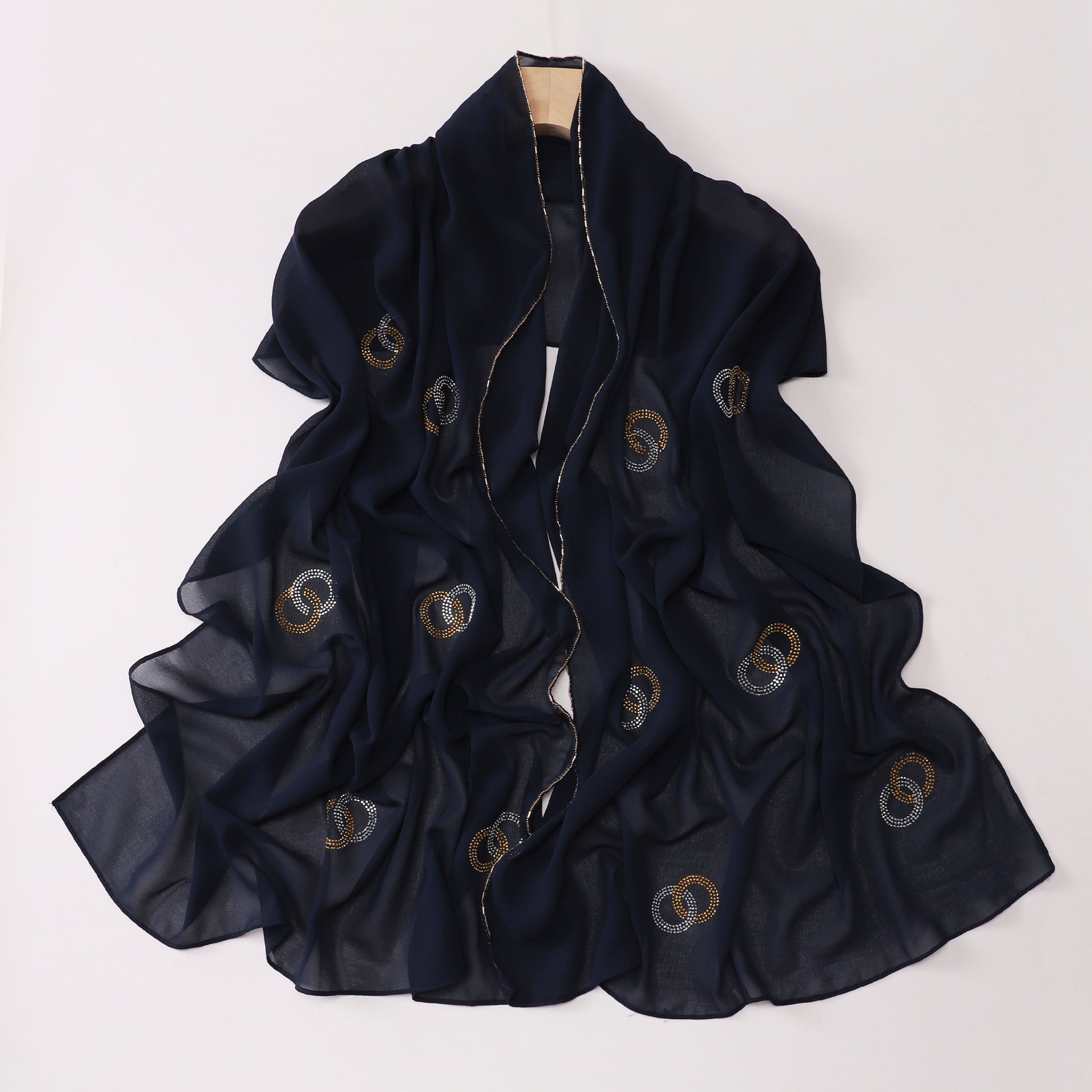 New Pearl Chiffon Long Edge Metal Chain Double Ring Hot Diamond Long Towel Yarn Middle East Head Towel