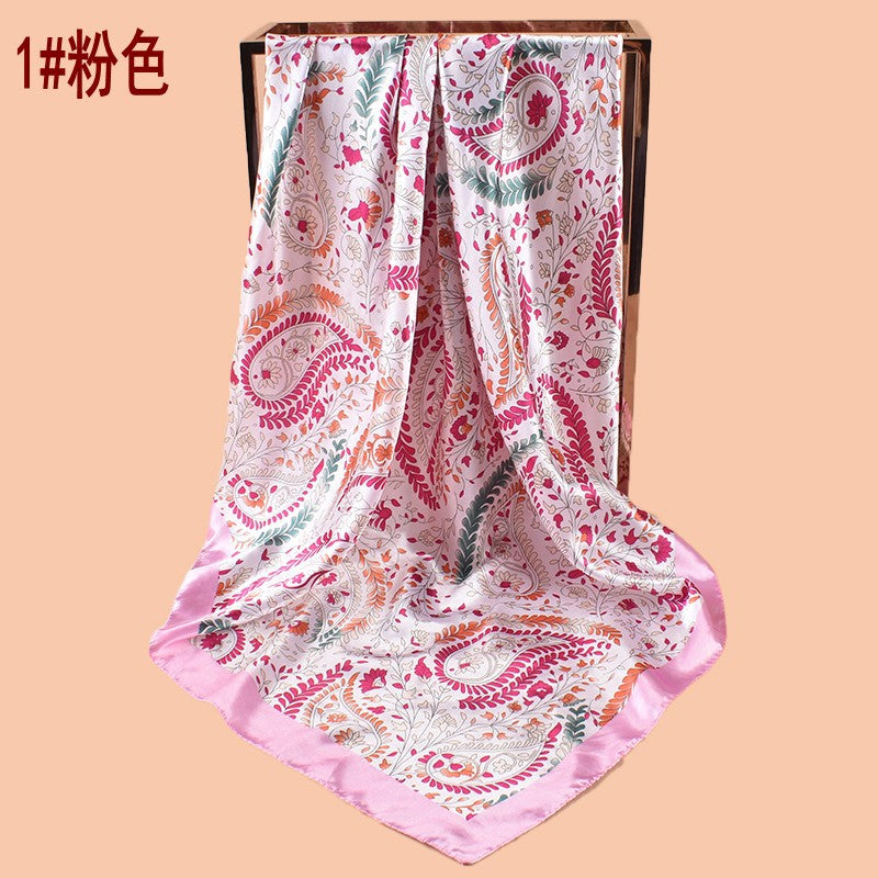 New 90cm satin leaf flower cashew flower printed square scarf with sunscreen, bag head silk scarf decoration, scarf