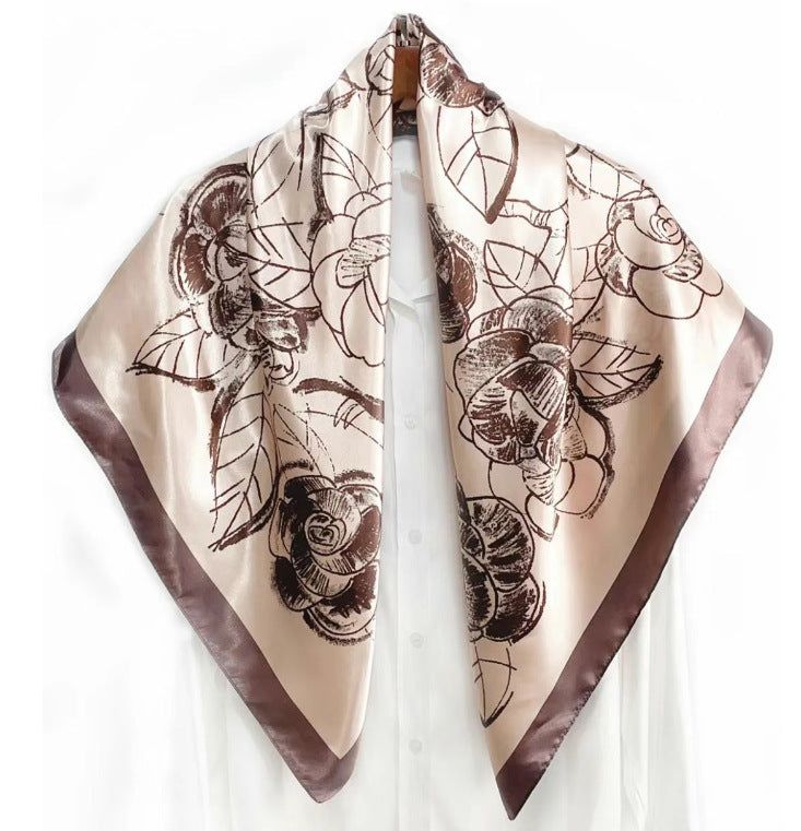 Simple and elegant plant flower flower, satin 90 square scarf, high-end women's headscarf with hand gift silk scarf