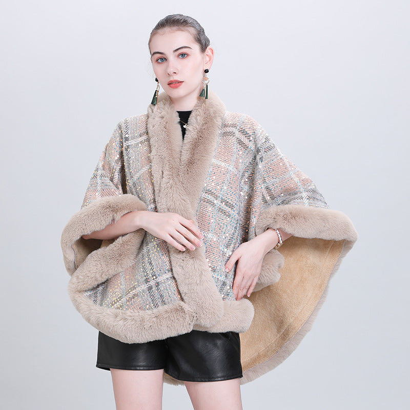 Autumn and winter new sequined knitted shawl fur collar jacket piled and thickened versatile plaid cape shawl Q0999 #