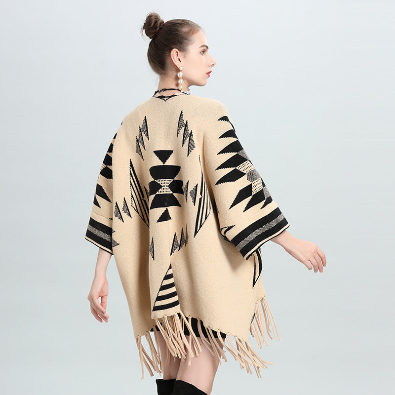 Autumn and winter new large size loose medium and long jacquard knitted cardigan fringed shawl jacket women 0916