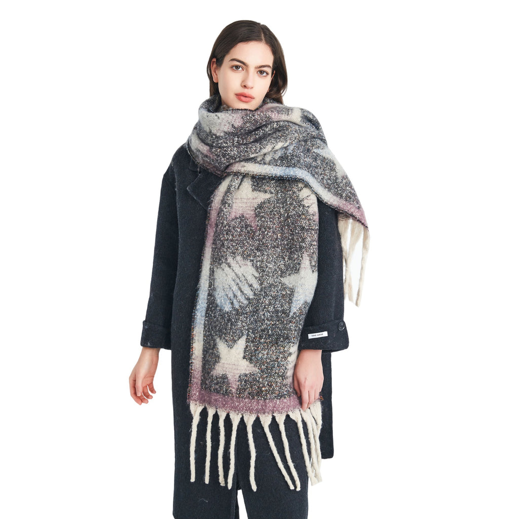 2025 new European and American autumn and winter circle yarn imitation mohair jacquard star fringed scarf