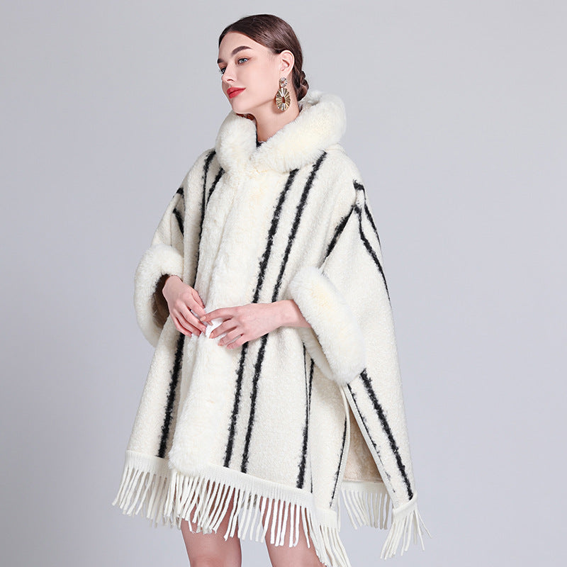 Europe, America, autumn and winter new woolen coat fur collar hooded plush thickened warm fashion fringed cape shawl outside