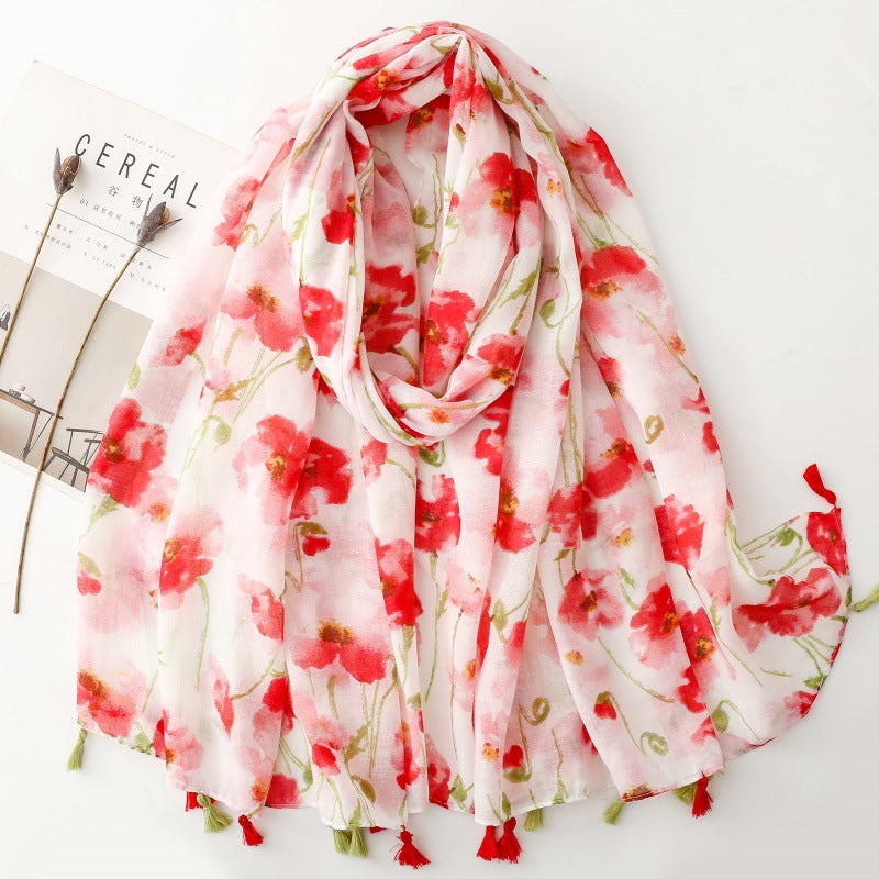 Scarf Bali yarn silk scarf small fresh lady sweet idyllic pink red flower tassel travel shawl woman
