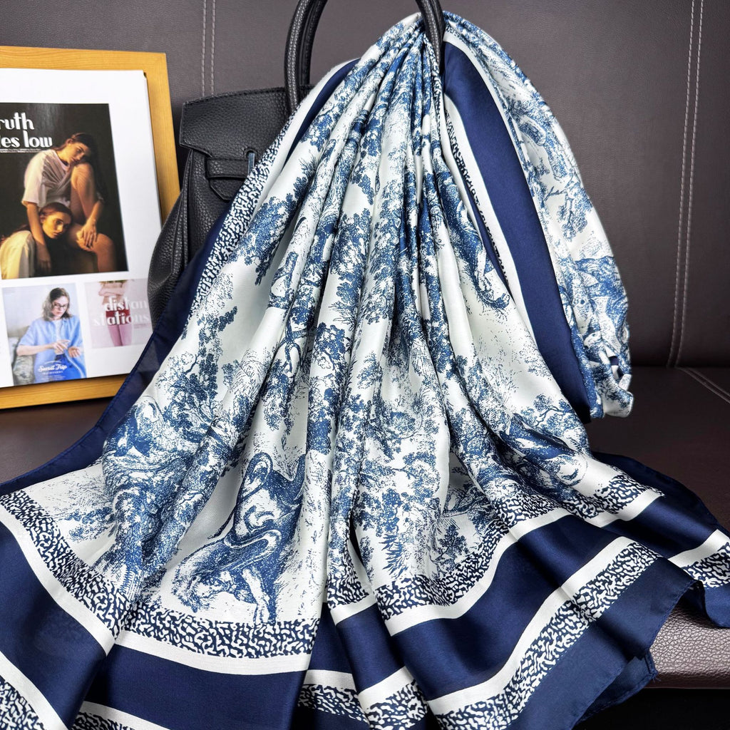 Simple, fashionable and versatile simulated silk outer silk scarf, plant flower ethnic women's head scarf, sun protection shawl