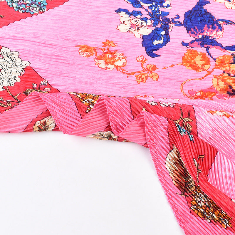 Summer new fashion retro flower pleated 90 satin large square scarf silk scarf imitation silk scarf