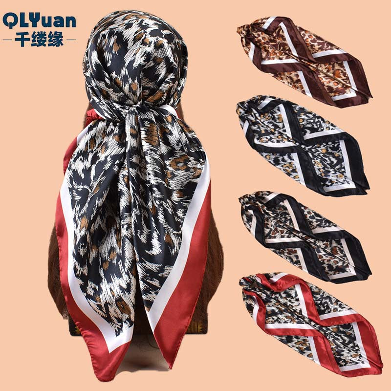 2025 new 90cm-satin sketch leopard print versatile printed square scarf with sunscreen, bag head silk scarf decoration, scarf