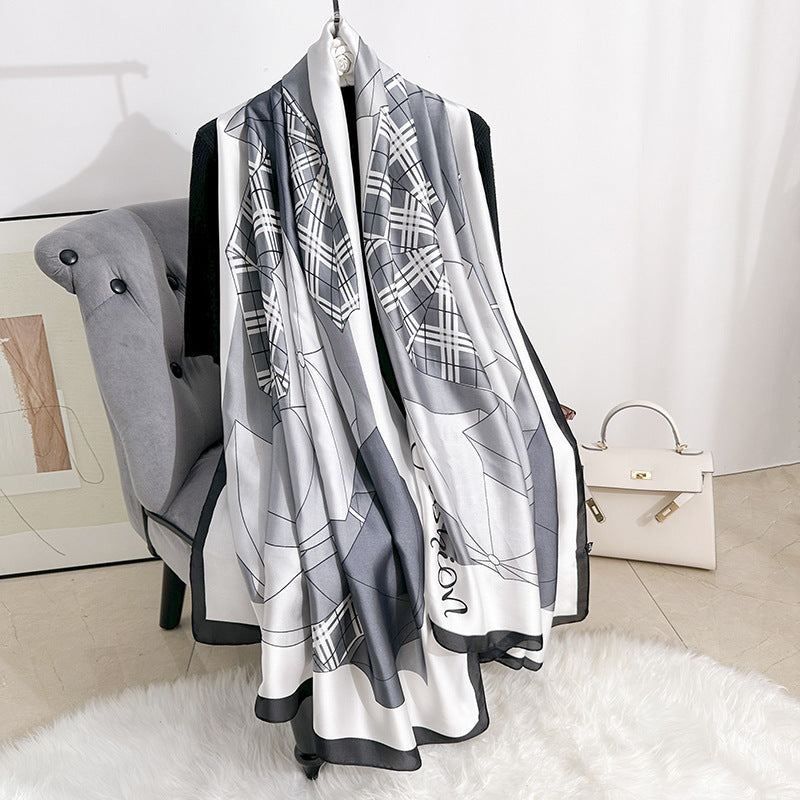 Fashion versatile geometric line plaid printing long silk scarf, elegant and light luxury women's outer yarn thin shawl